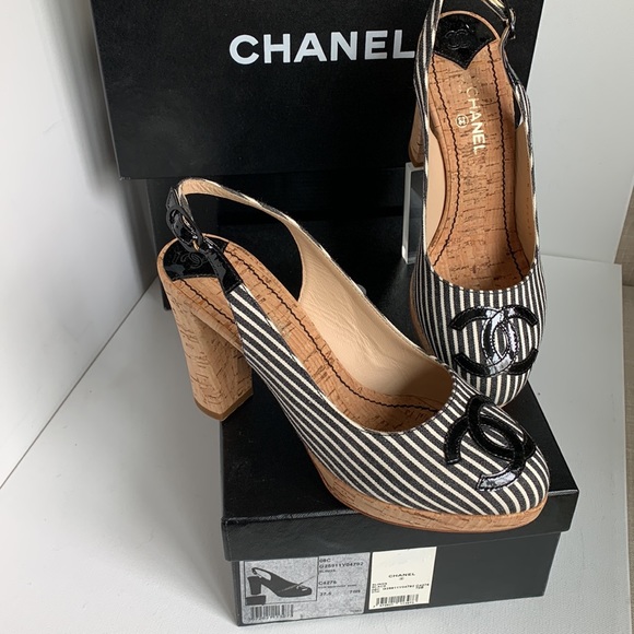 CHANEL Shoes Black White Striped Platform Cork Canvas Patent Slingback CC Heels - Picture 4 of 16